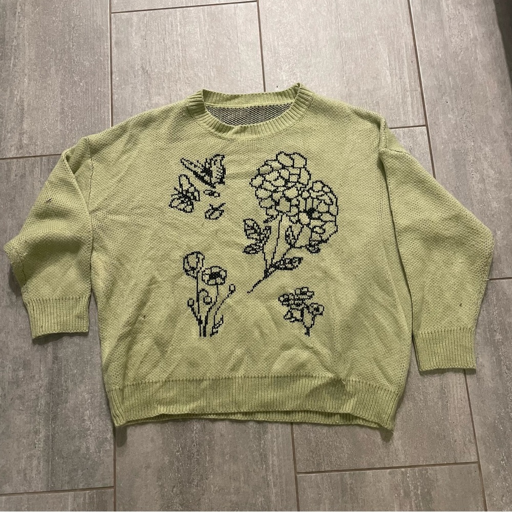 Floral Printed Green Vintage-Style Sweater